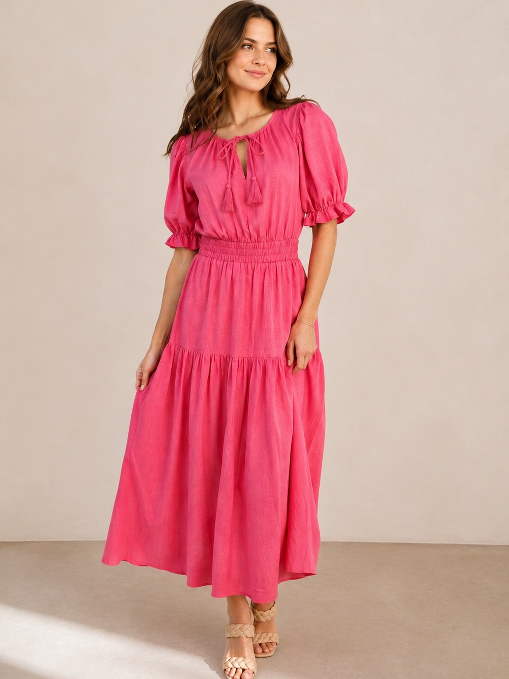 Moon River Pink Cutout Back Puff Sleeve Maxi Dress Size M